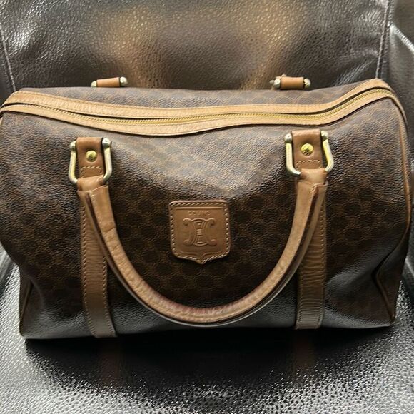 Celine Boston 30 Bag Brown Tan Signature Lattice Logo Print Top Handle Duffle - Picture 1 of 16